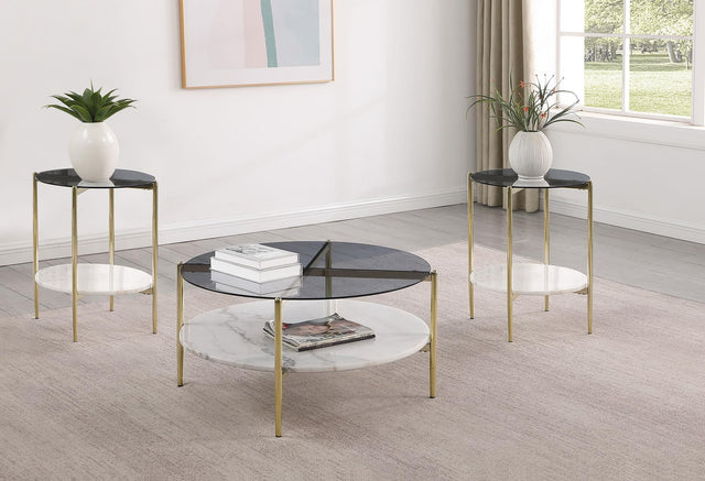 Jonelle coffee table with smoked glass top and white marble lower shelf, front view