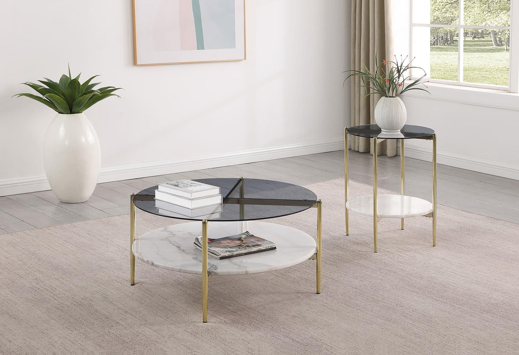 Jonelle 2-piece coffee and end table set with smoked tempered glass top and gold frame