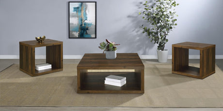 Frisco 3-piece coffee and end table set in dark pine finish, front view