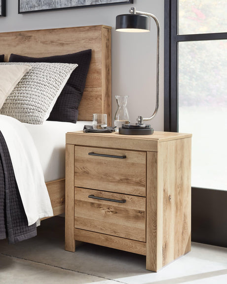 Hyanna Tan Nightstand front view showing drawers and rustic finish