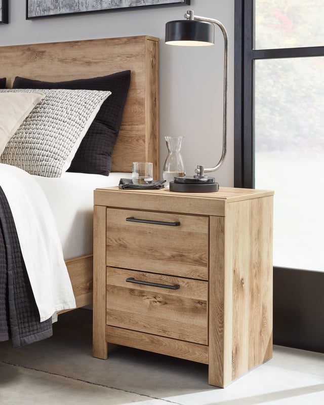 Hyanna Tan Nightstand front view showing drawers and rustic finish