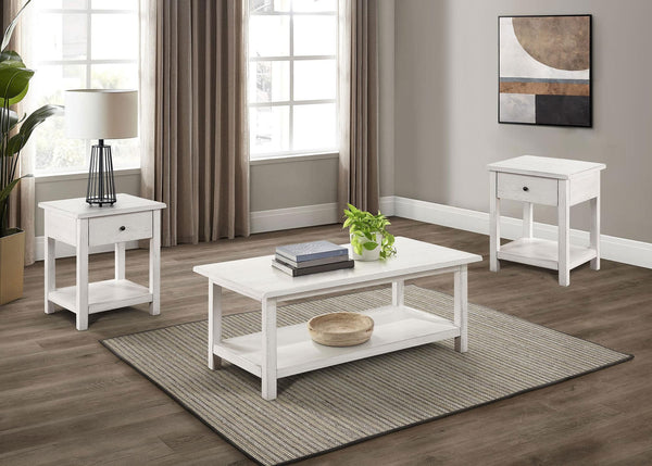 Payne 3-piece Coffee Table and 1-drawer End Table Set in White, front angle