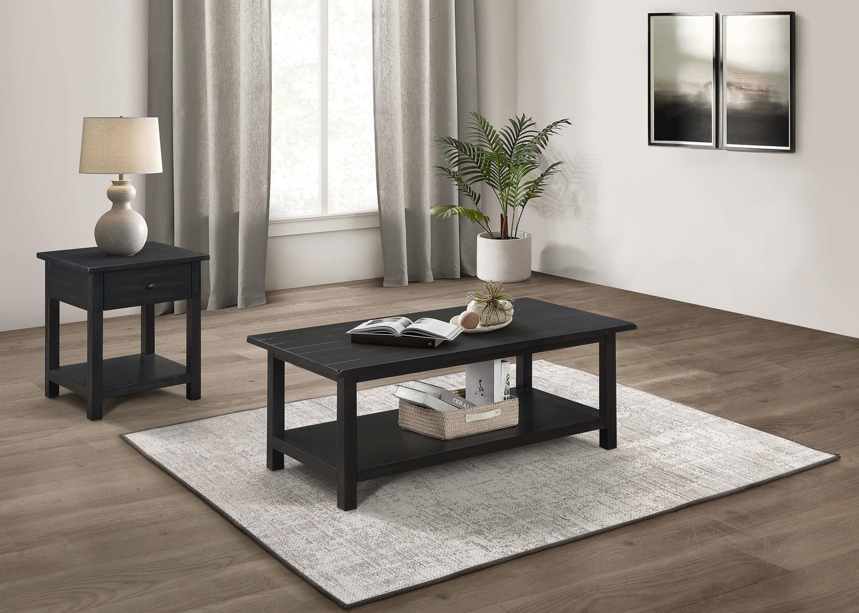 Payne 2-piece coffee and 1-drawer end table set in Java finish, front view