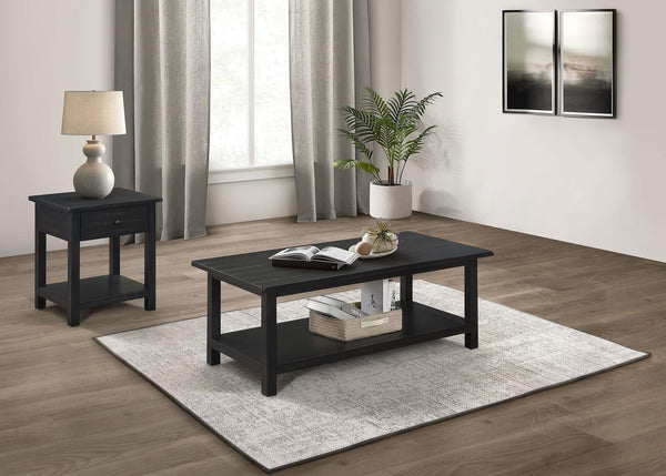 Payne 2-piece coffee and 1-drawer end table set in Java finish, front view