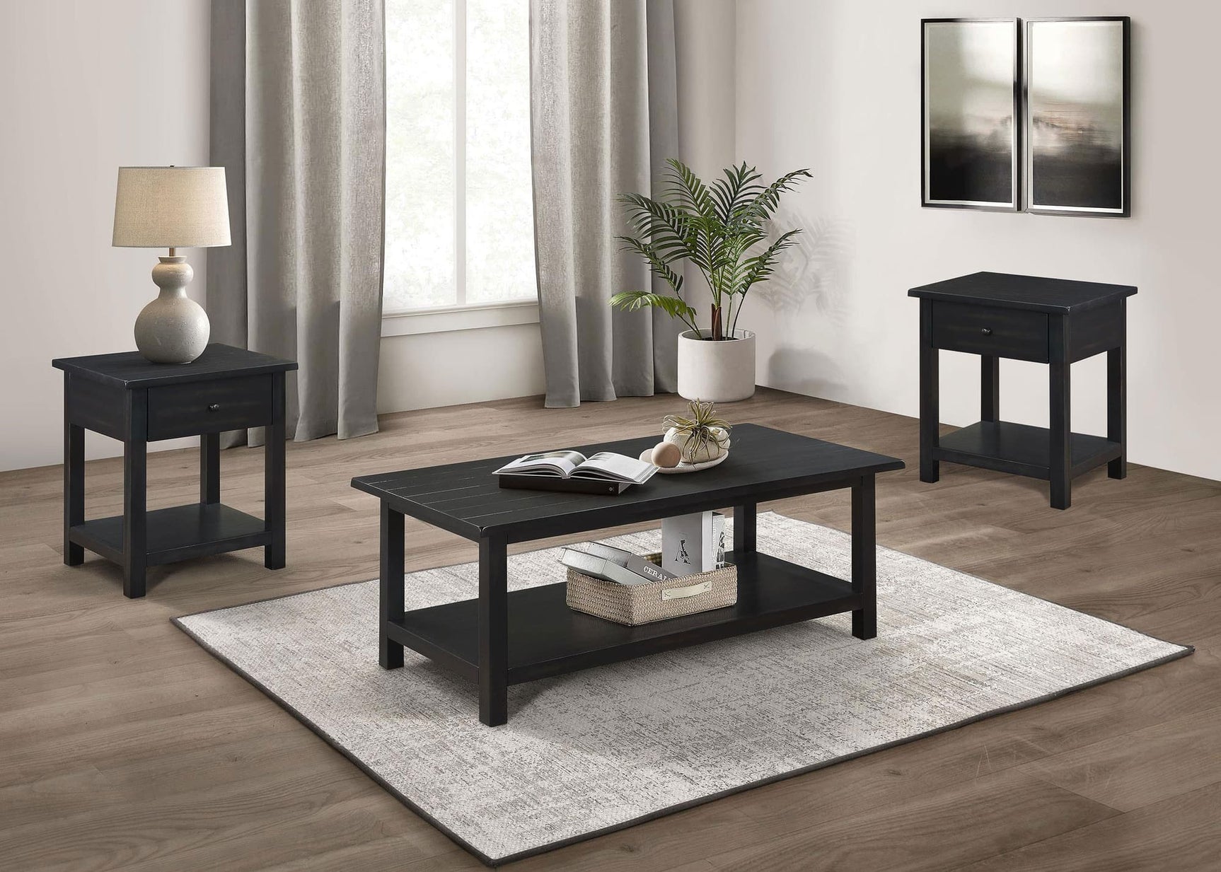 Payne 3-piece coffee table and 1-drawer end table set, angled front view