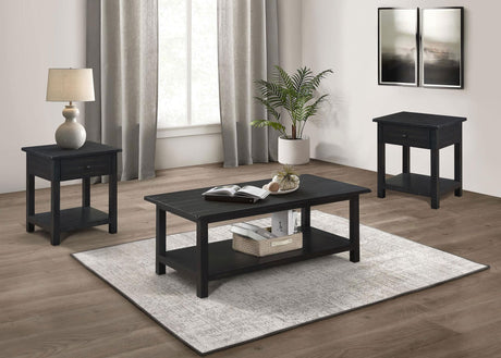 Payne 3-piece coffee table and 1-drawer end table set, angled front view