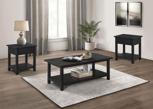 Payne 3-piece coffee table and 1-drawer end table set, angled front view