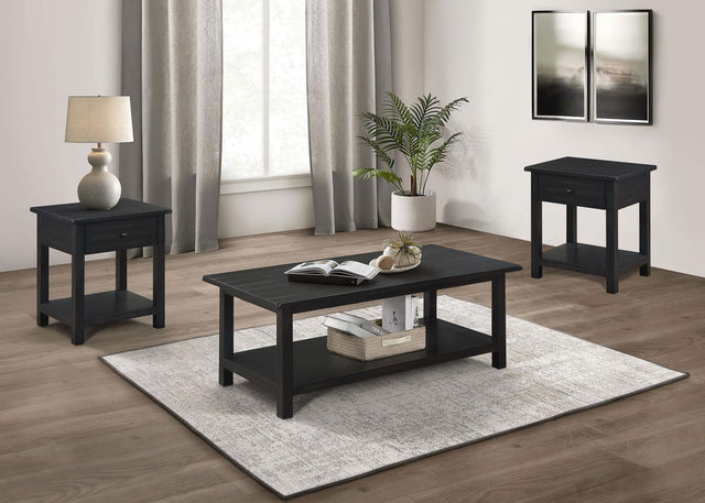Payne 3-piece coffee table and 1-drawer end table set, angled front view