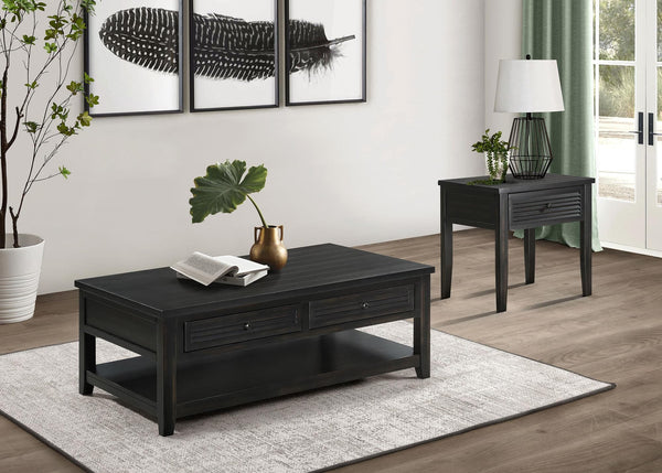 Concord 2-piece coffee and end table set in distressed java finish, front view