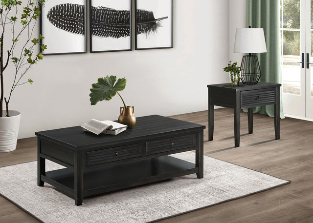 Concord 2-piece coffee and end table set in distressed java finish, front view