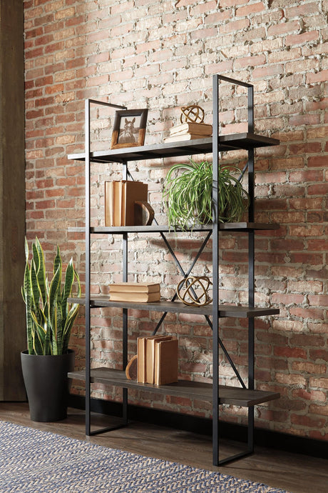 Gilesgrove black metal and gray wood bookcase front view