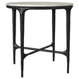 Hermas round white metal end table with marble top, front view