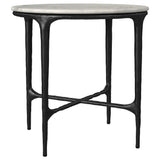 Hermas round white metal end table with marble top, front view