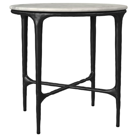 Hermas round white metal end table with marble top, front view