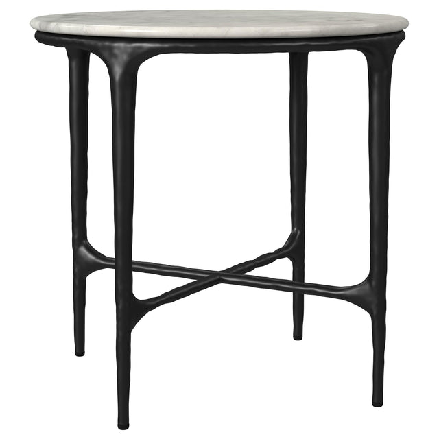 Hermas round white metal end table with marble top, front view