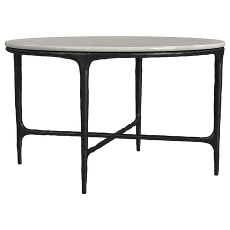 Hermas round white marble top coffee table front view