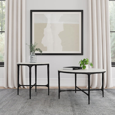 Hermas round white marble coffee table with iron frame - front angle