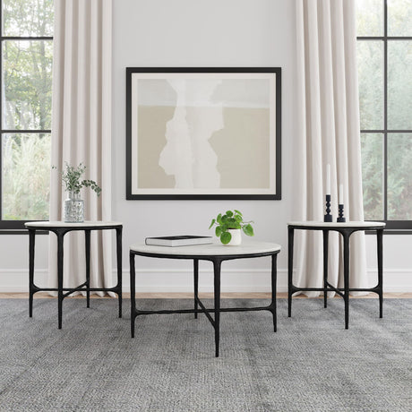Hermas 3-piece round marble coffee and end table set white, front view