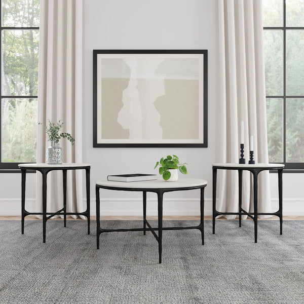 Hermas 3-piece round marble coffee and end table set white, front view