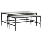 Ebby 2-piece nesting coffee tables with white marble tops and antique black iron frames - full view