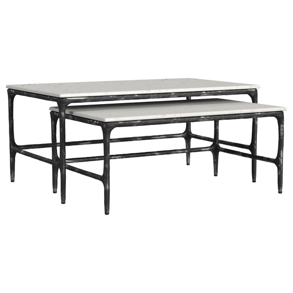 Ebby 2-piece nesting coffee tables with white marble tops and antique black iron frames - full view
