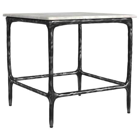 Ebby square end table with white marble top and black iron frame front view