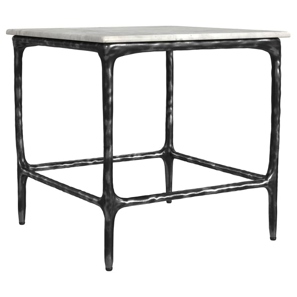 Ebby square end table with white marble top and black iron frame front view