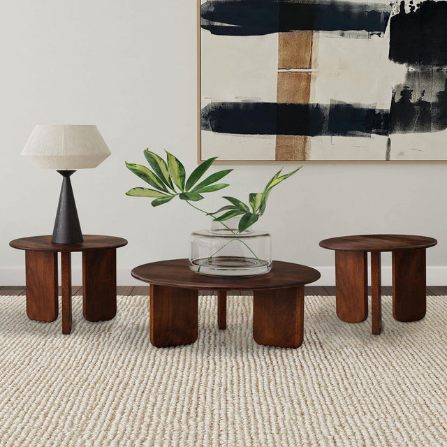 Dale 3-piece solid mango wood coffee and end table set brown, front view