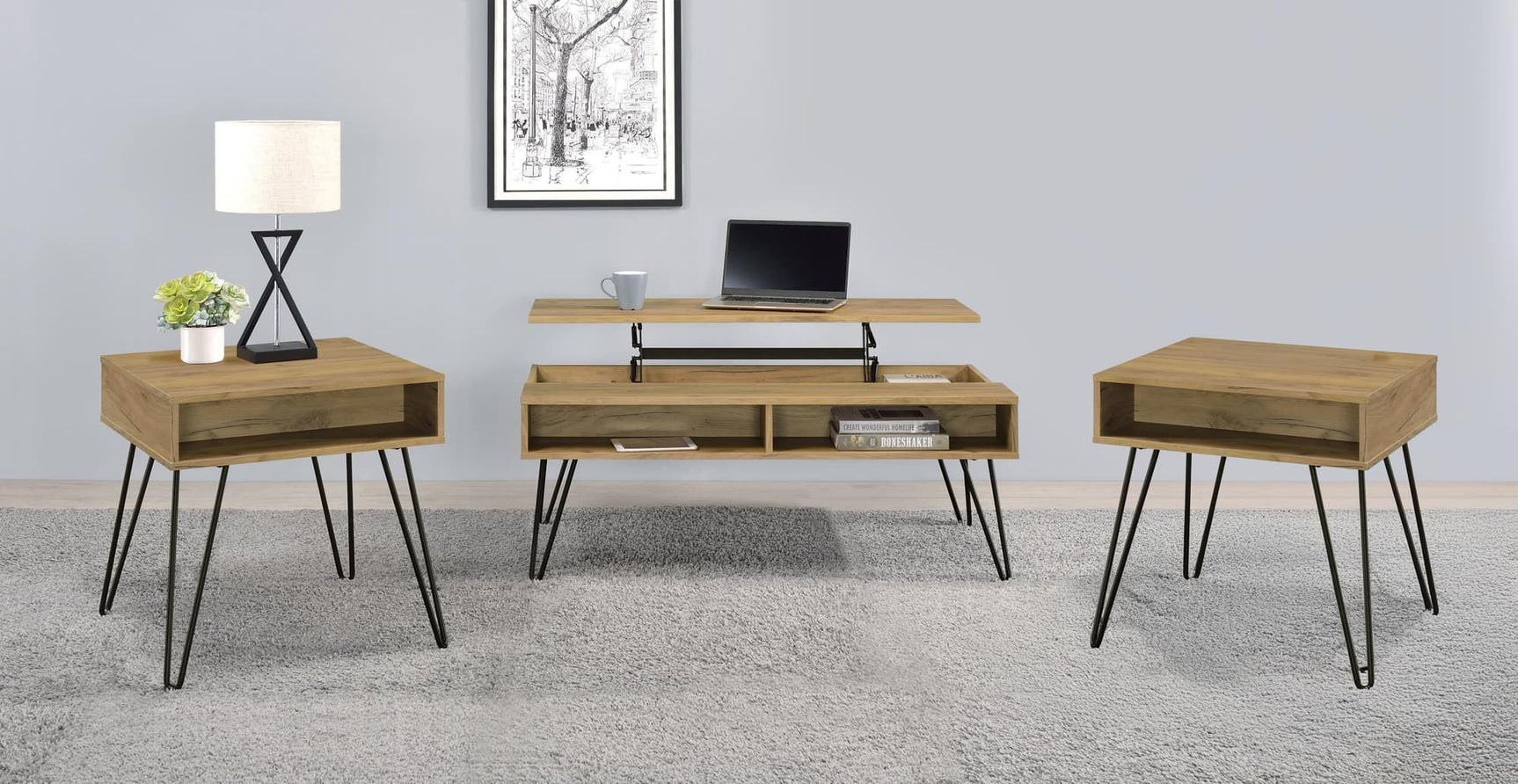 Fanning 3-piece lift-top coffee and end table set in golden oak, angled view