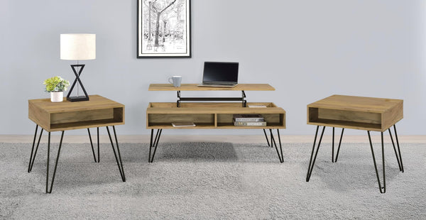 Fanning 3-piece lift-top coffee and end table set in golden oak, angled view