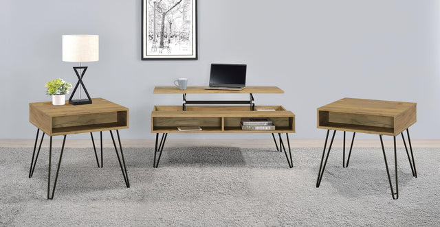 Fanning 3-piece lift-top coffee and end table set in golden oak, angled view