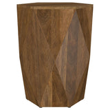 Front angle of Zalika hexagonal mango wood end table showcasing natural brown finish