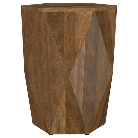 Front angle of Zalika hexagonal mango wood end table showcasing natural brown finish