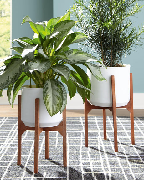 Dorcey planter set of 2 with white metal containers and brown stands front view