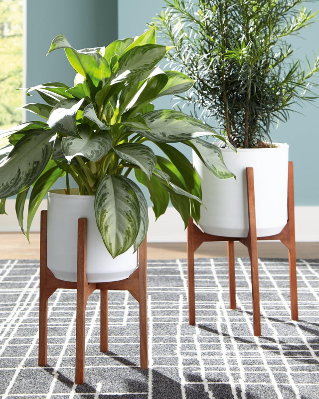 Dorcey planter set of 2 with white metal containers and brown stands front view