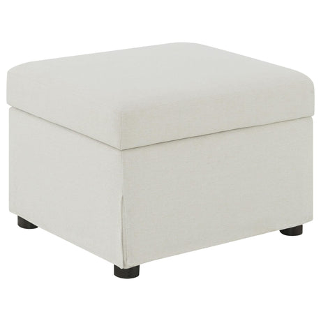 Winter beige upholstered storage ottoman front angle