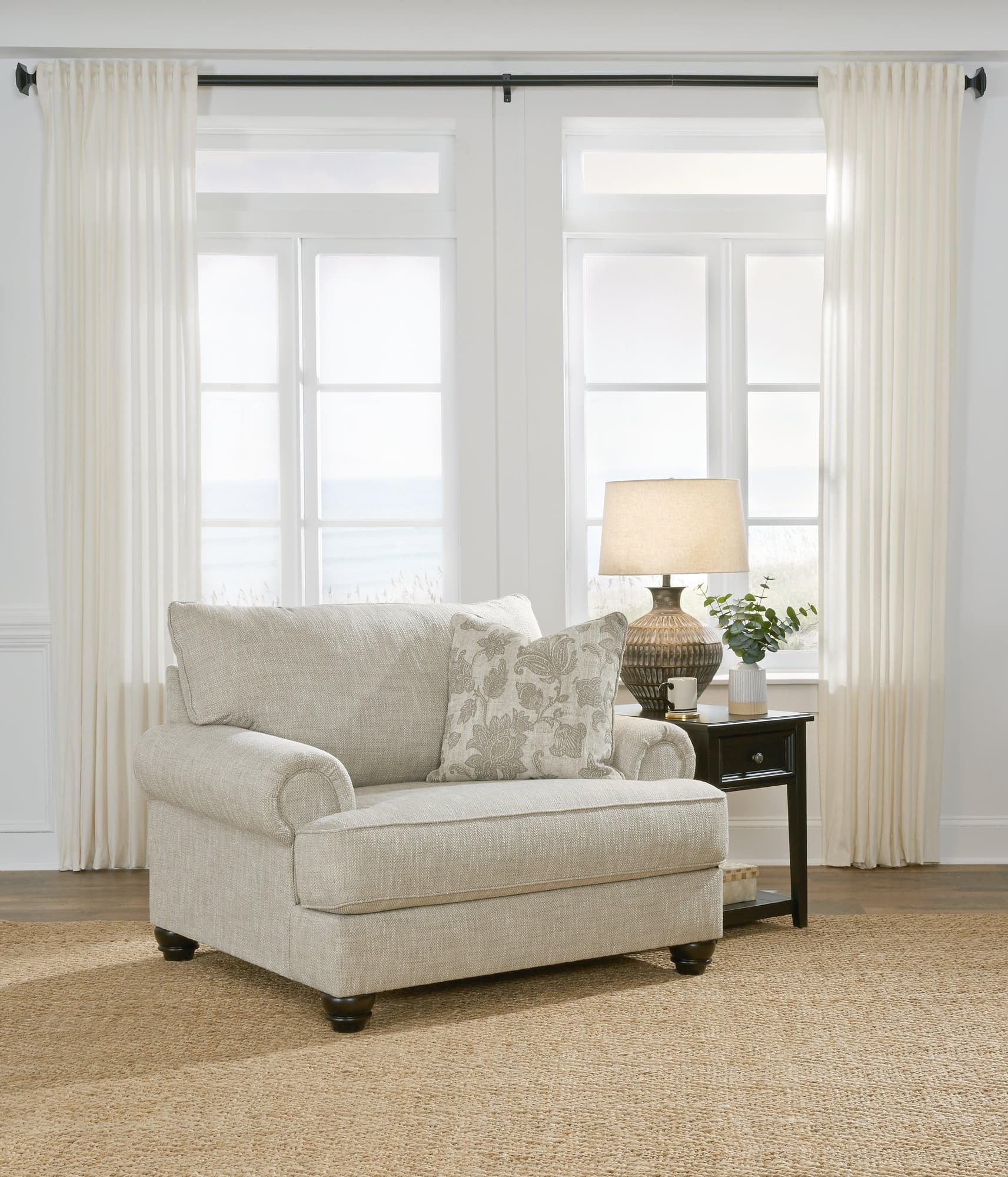Asanti Oversized Chair in fog chenille fabric, front angle view