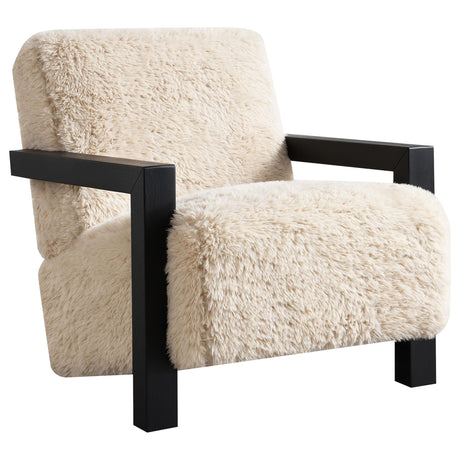 Fitzroy accent chair front view in latte faux fur upholstery