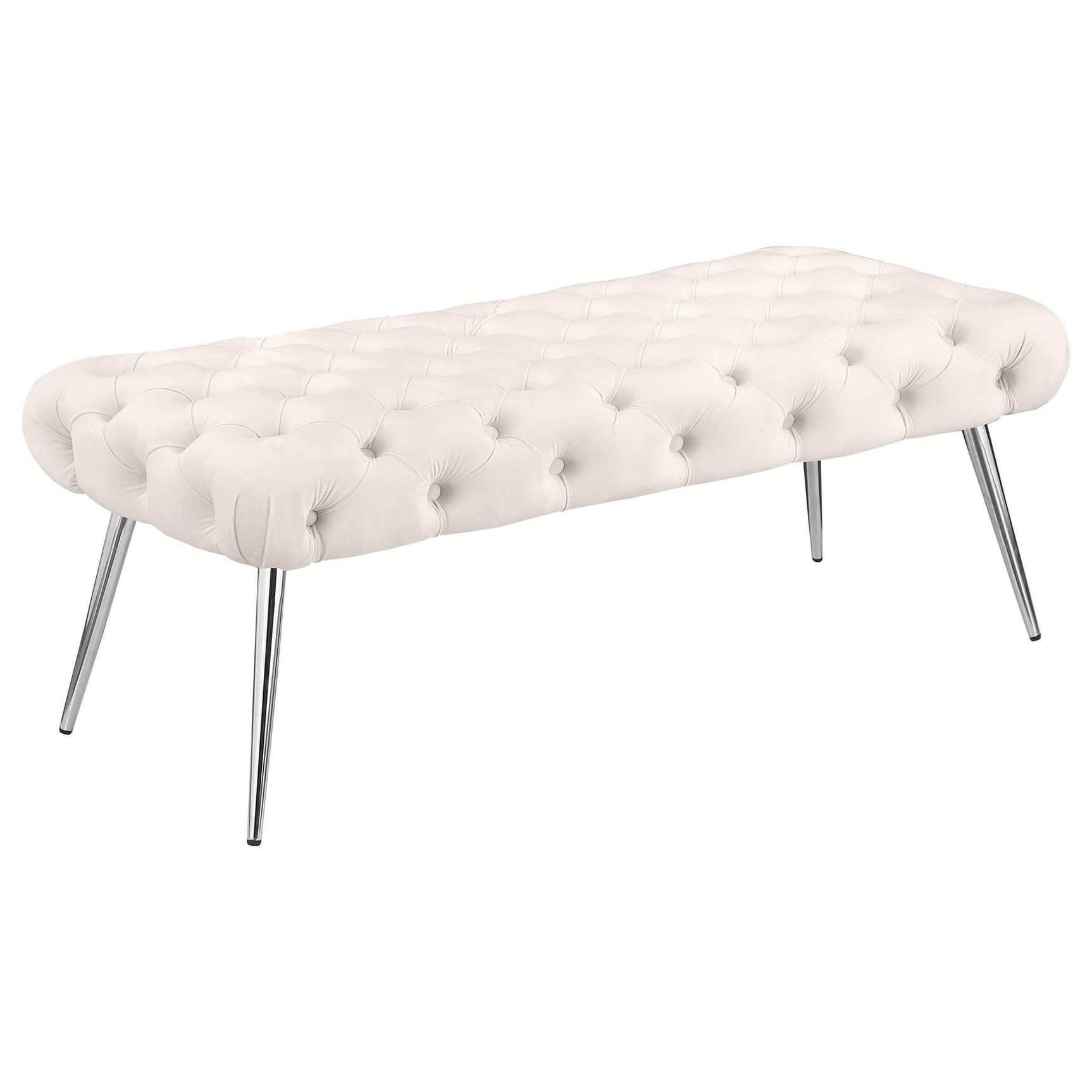 Ella Ivory Upholstered Tufted Bench with Stainless Steel Legs - Front Angle