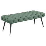 Ella teal upholstered tufted bench with button tufting and metal legs, side view
