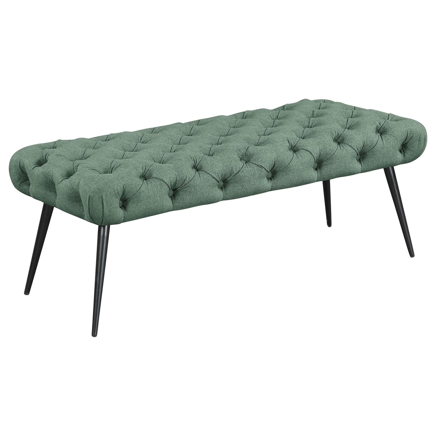 Ella teal upholstered tufted bench with button tufting and metal legs, side view