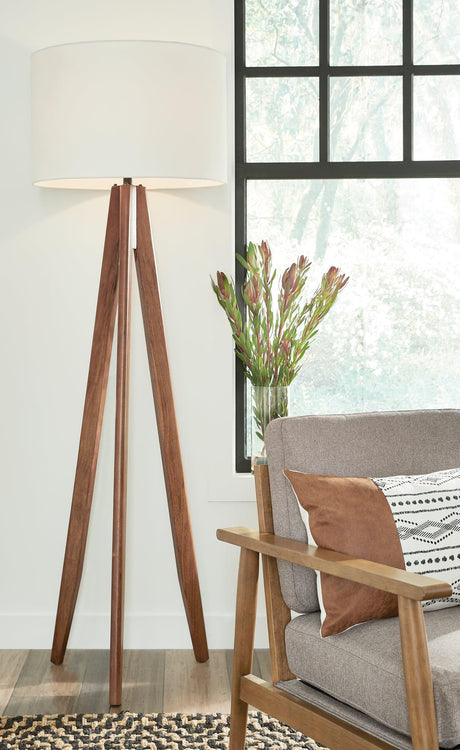 Dallson Brown Floor Lamp with wooden tripod base angled view