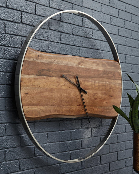 Panchali round wall clock with brown wood and silver metal frame front view