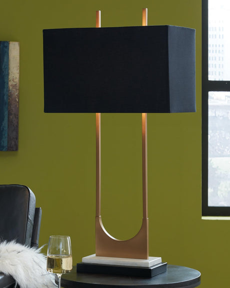 Malana brass finish table lamp with white marble base and black fabric shade, front view