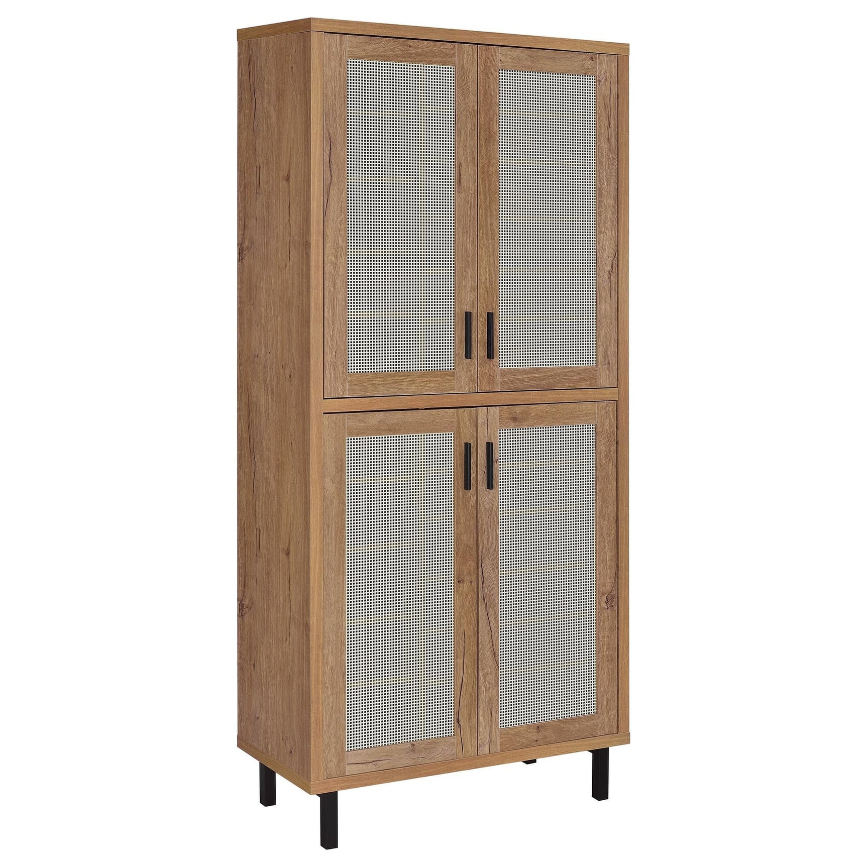 Teller tall shoe storage cabinet natural oak front view with four mesh metal doors