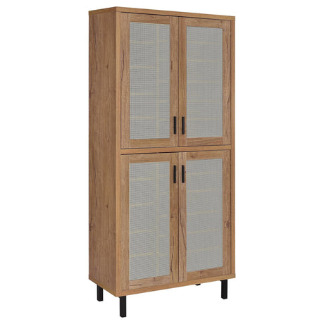 Teller tall shoe storage cabinet natural oak front view with four mesh metal doors