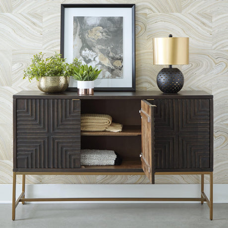 Elinmore Accent Cabinet front view showing three patterned doors
