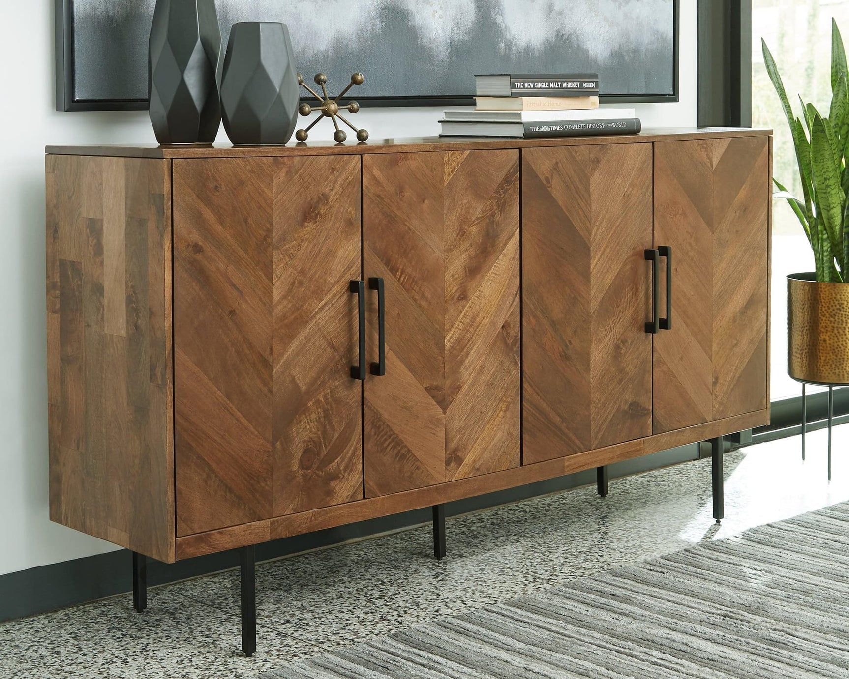 Prattville light brown chevron accent cabinet front view closed