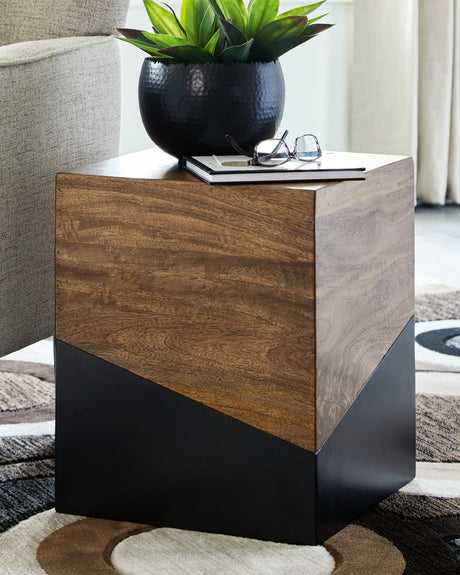 Trailbend brown and gunmetal accent table front angle