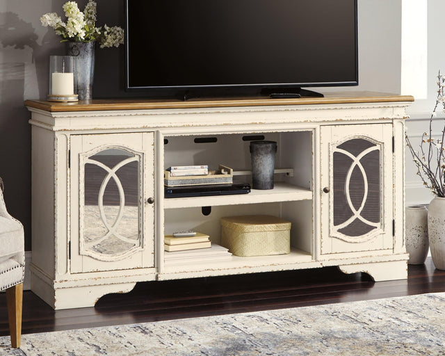 Realyn Chipped White 74 inch TV Stand front view
